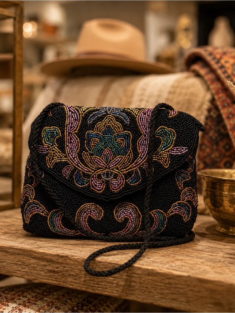🌸Beaded Embroidered Black Crossbody Bag Handmade Bohemian Chic Evening Cocktail
